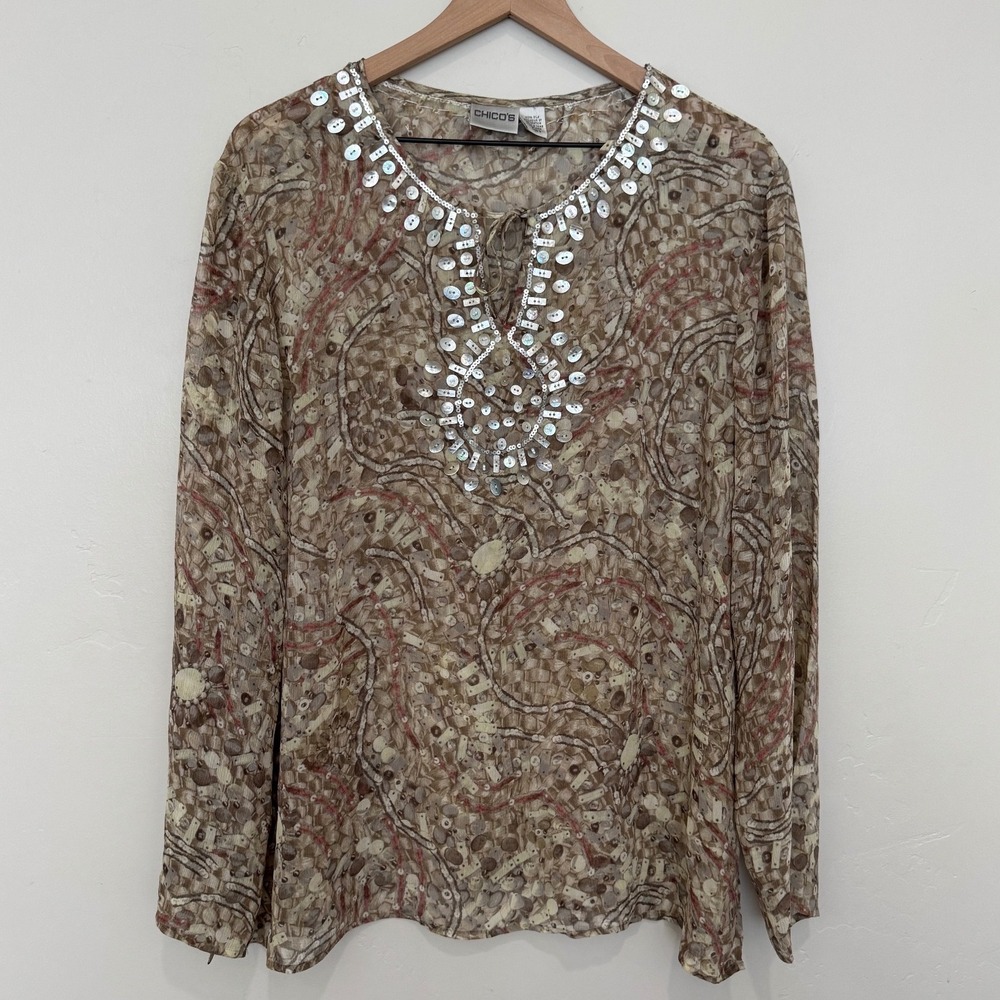 Chicos 100% Silk Beaded Abstract Blouse Brown XL Size 3 Boho Ethereal Artsy